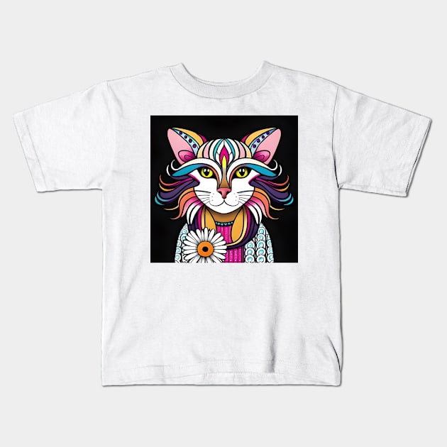 Colorful feline cat Kids T-Shirt by Flower Tee